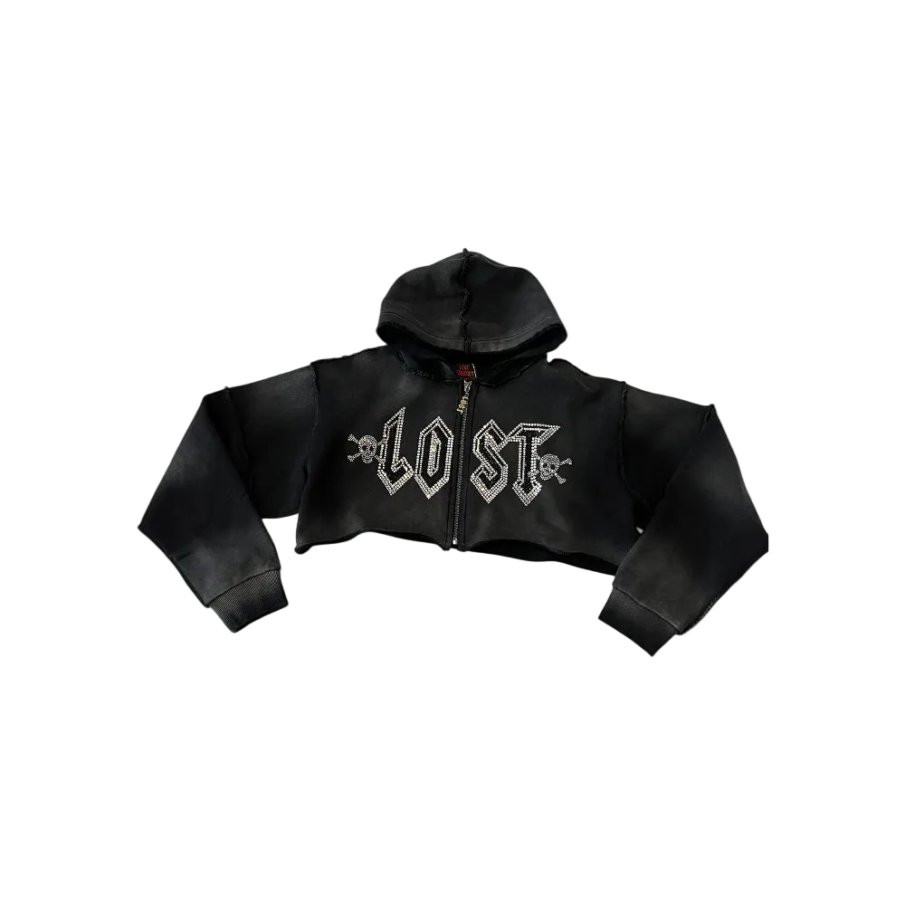 Women's Black Rhinestone Cropped Zip Up