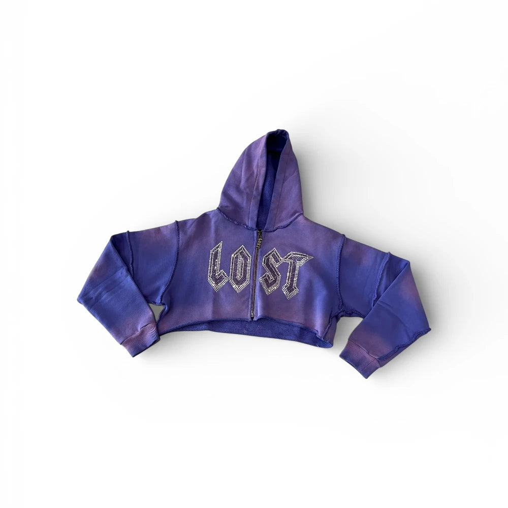 Women's Purple Rhinestone Cropped Zip Up Hoodie