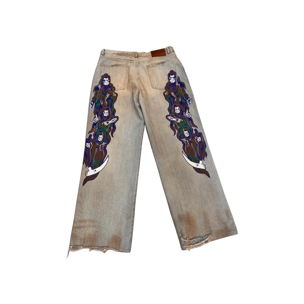 Blue Baggy Printed Denim